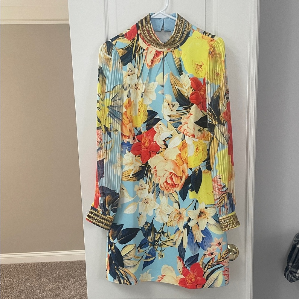 Karen Millen Floral Long-Sleeve Pleated Mini Dress in Blue and Yellow